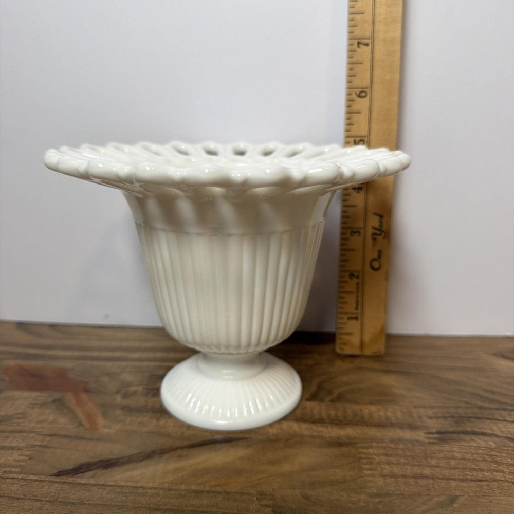 Vintage Milk Glass Pedestal Compote Vase Open Lace Rim Fluted Footed Bowl - Picture 2 of 8